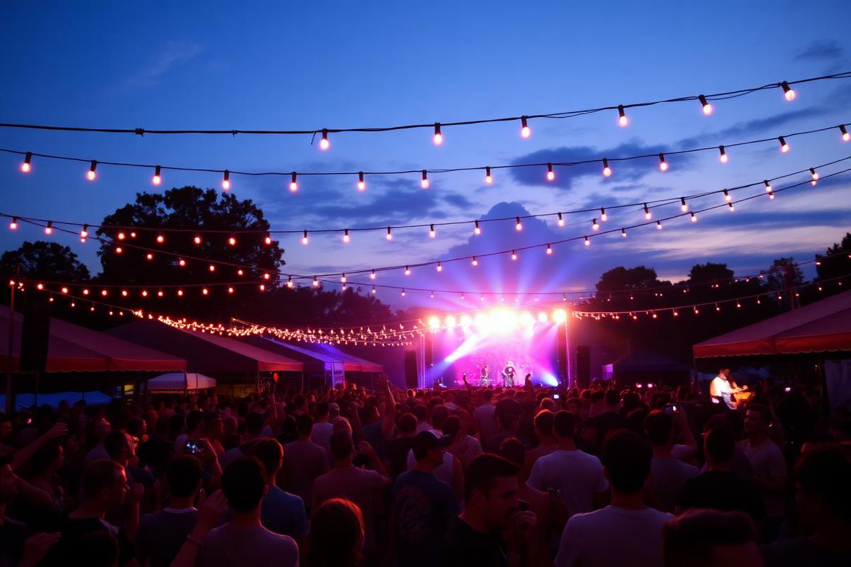 Festival crowd under string lights at dusk